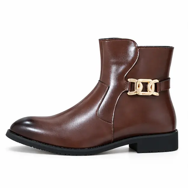 bottines homme marron effet verni a bride vue de profil sur fond blanc 45288