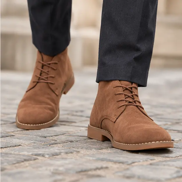 bottines homme marron en suedine a lacets portees en marchant avec un pantalon sombre 45299