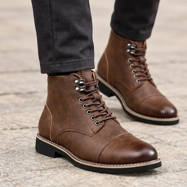 bottines homme marron fonce a lacets et bout rapporte portees en marchant avec un pantalon sombre 45418