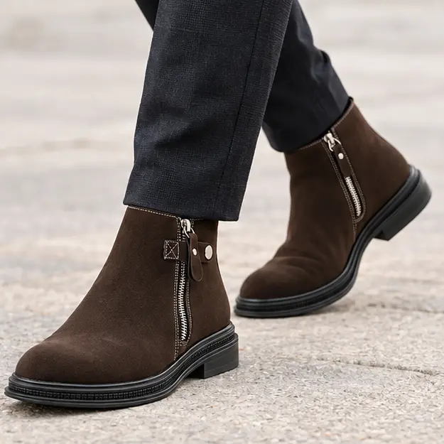 bottines homme marron fonce a zip et patte pression portees en marchant avec un pantalon sombre 45423