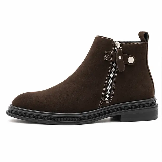 bottines homme marron fonce a zip et patte pression vue de profil sur fond blanc 45423