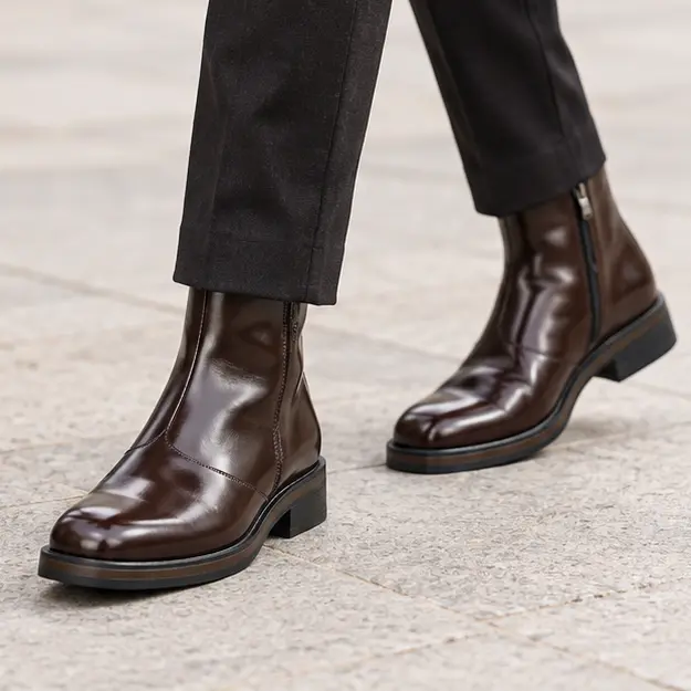 bottines homme marron fonce a zip et tige haute portees en marchant avec un pantalon sombre 45429
