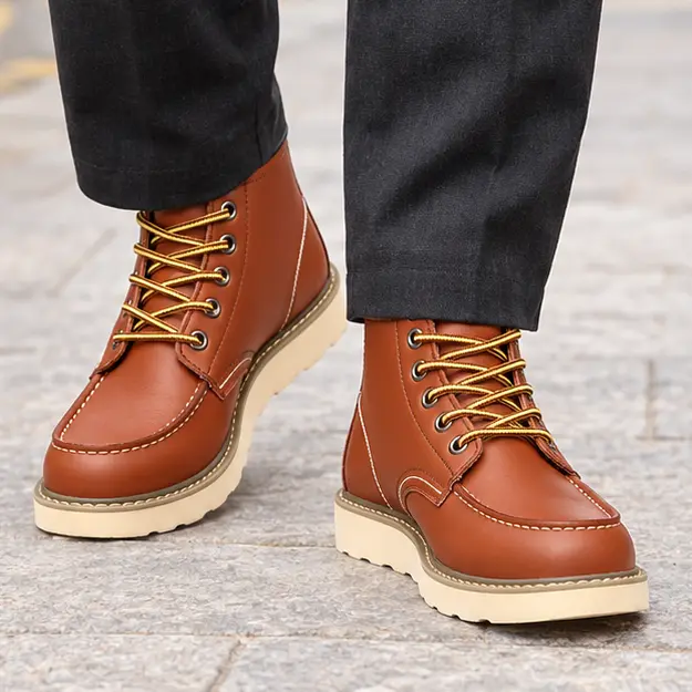 bottines homme marron fourrees a lacets portees en marchant avec un pantalon sombre 45450