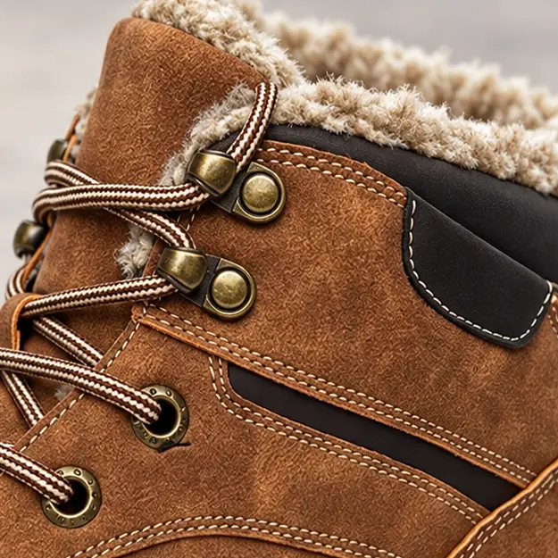 bottines homme marron fourrees a semelle crantee detail des crochets et du col fourre 45452