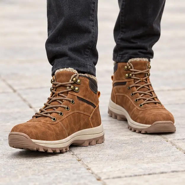 bottines homme marron fourrees a semelle crantee portees en marchant avec un pantalon sombre 45452