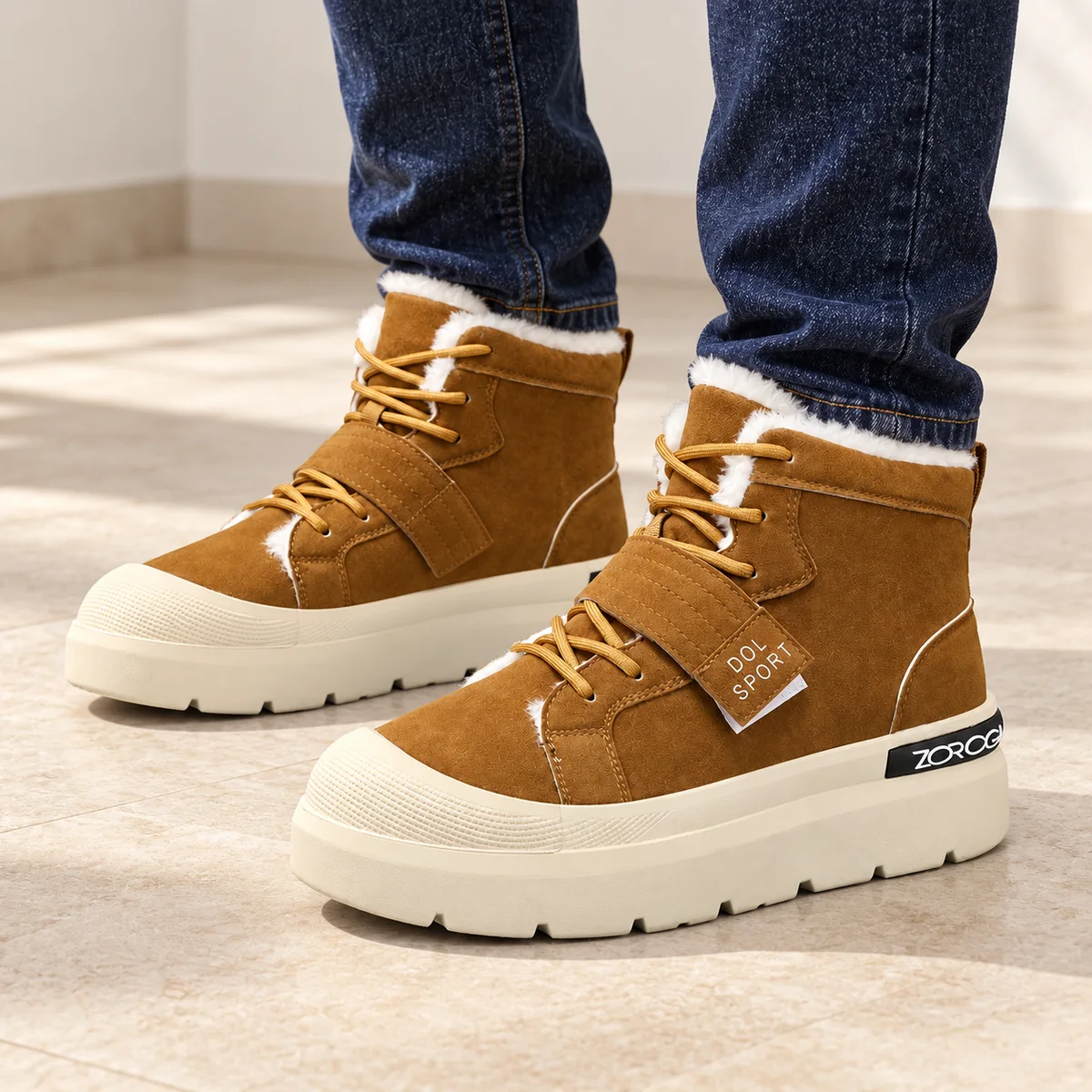 bottines homme marron fourrees a semelle epaisse portees par un homme