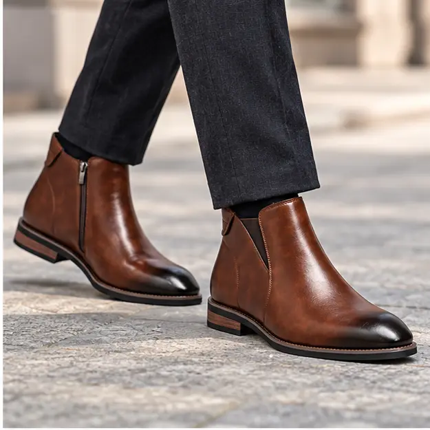 bottines homme marron fourrees a zip et effet patine portees en marchant avec un pantalon sombre 45301