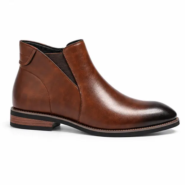 bottines homme marron fourrees a zip et effet patine vue de profil sur fond blanc 45301