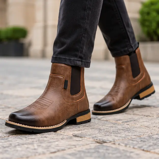 bottines homme marron sans lacets a surpiqures portees en marchant avec un pantalon sombre 45314