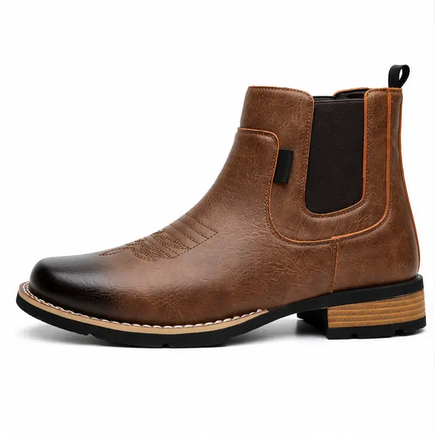 bottines homme marron sans lacets a surpiqures vue de profil sur fond blanc 45314