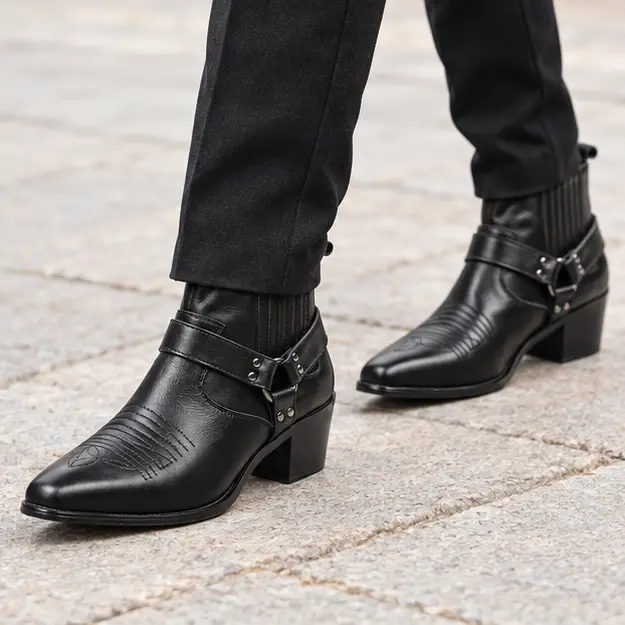 bottines homme noires a brides et anneau lateral portees en marchant avec un pantalon sombre 45428