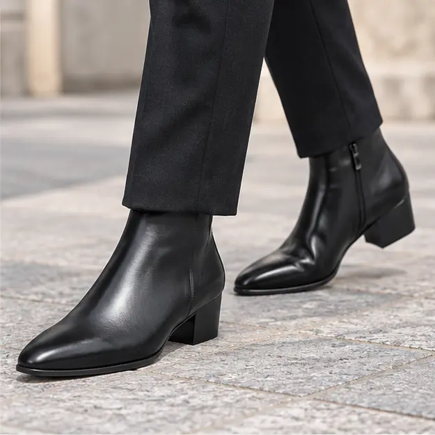 bottines homme noires a talon et zip portees en marchant avec un pantalon sombre 45326