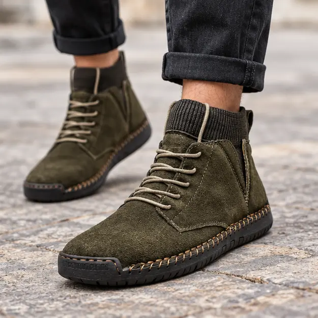 bottines homme vert militaire a lacets et col cotele portees en marchant avec un pantalon sombre 45328
