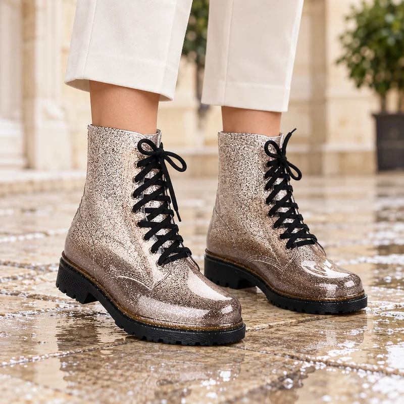 Bottines de pluie femme pailletées à lacets noirs, portées sur des pavés mouillés.