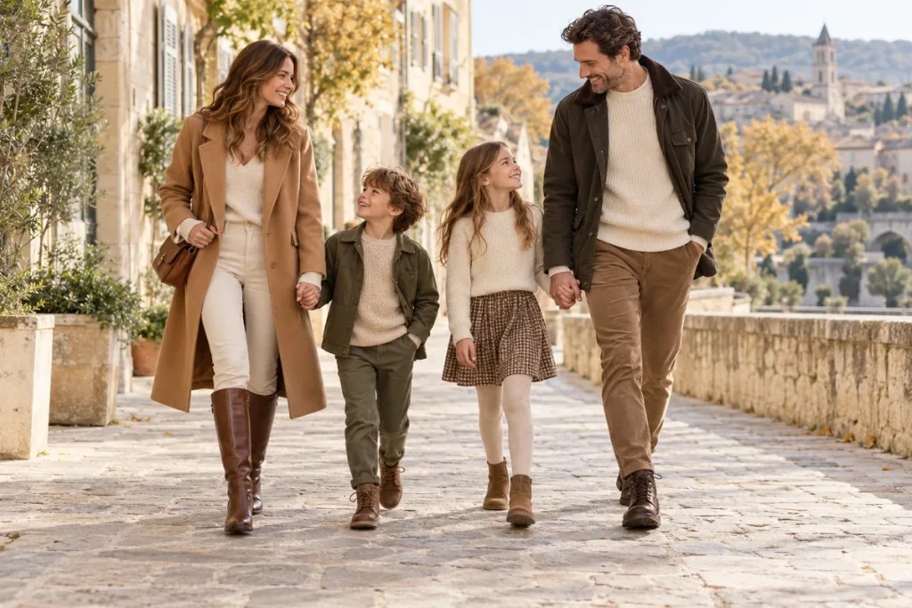 Famille portant des bottes et bottines lors d’une promenade en automne.