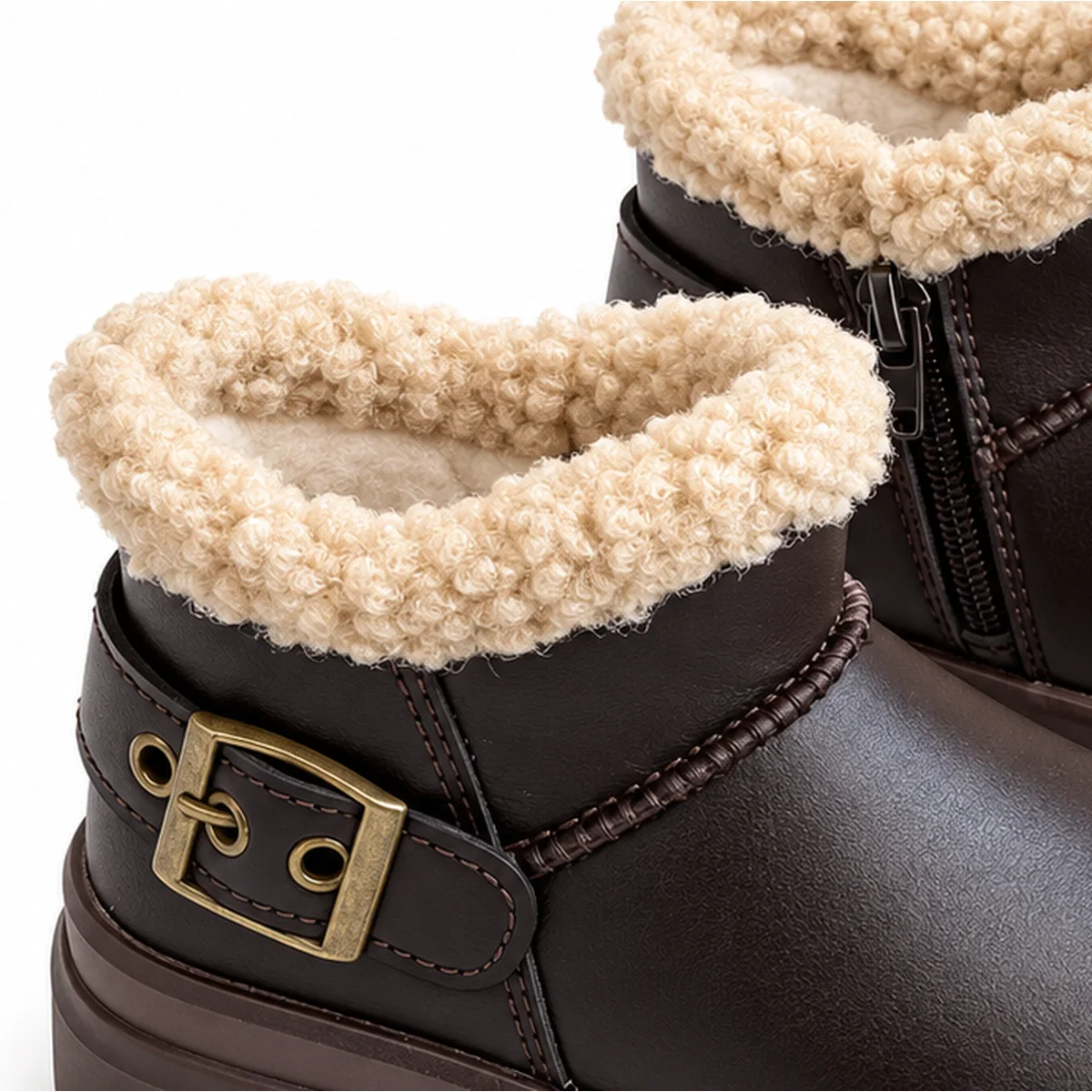 gros plan du haut des bottines enfant marron fourrees en similicuir a zip