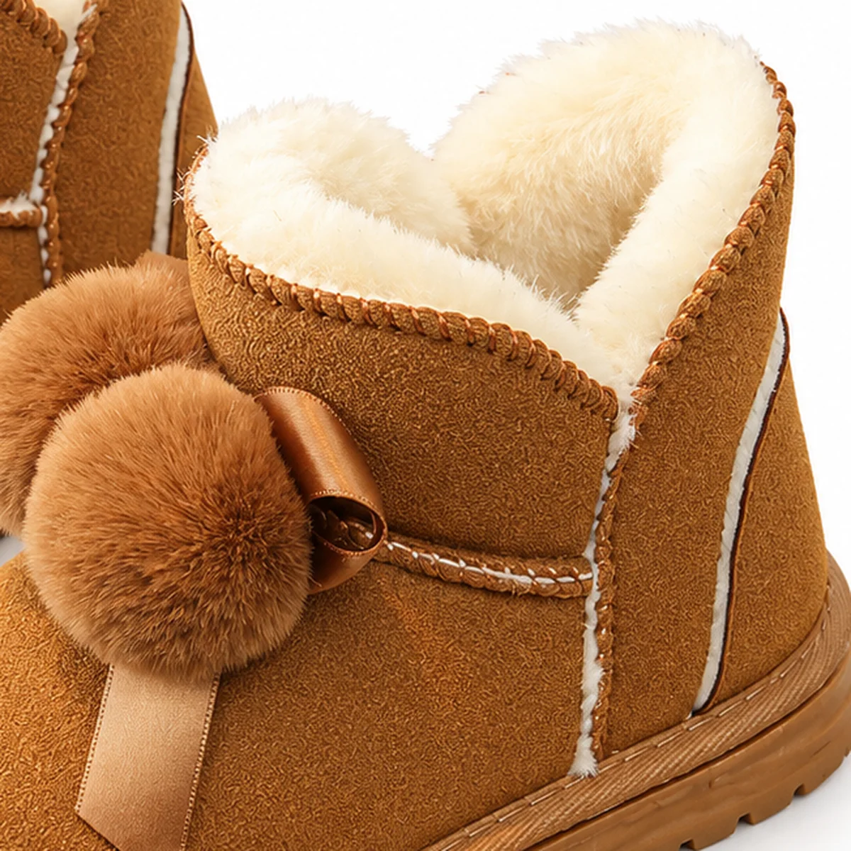 gros plan du haut des bottines fille camel fourrees a noeud et pompons