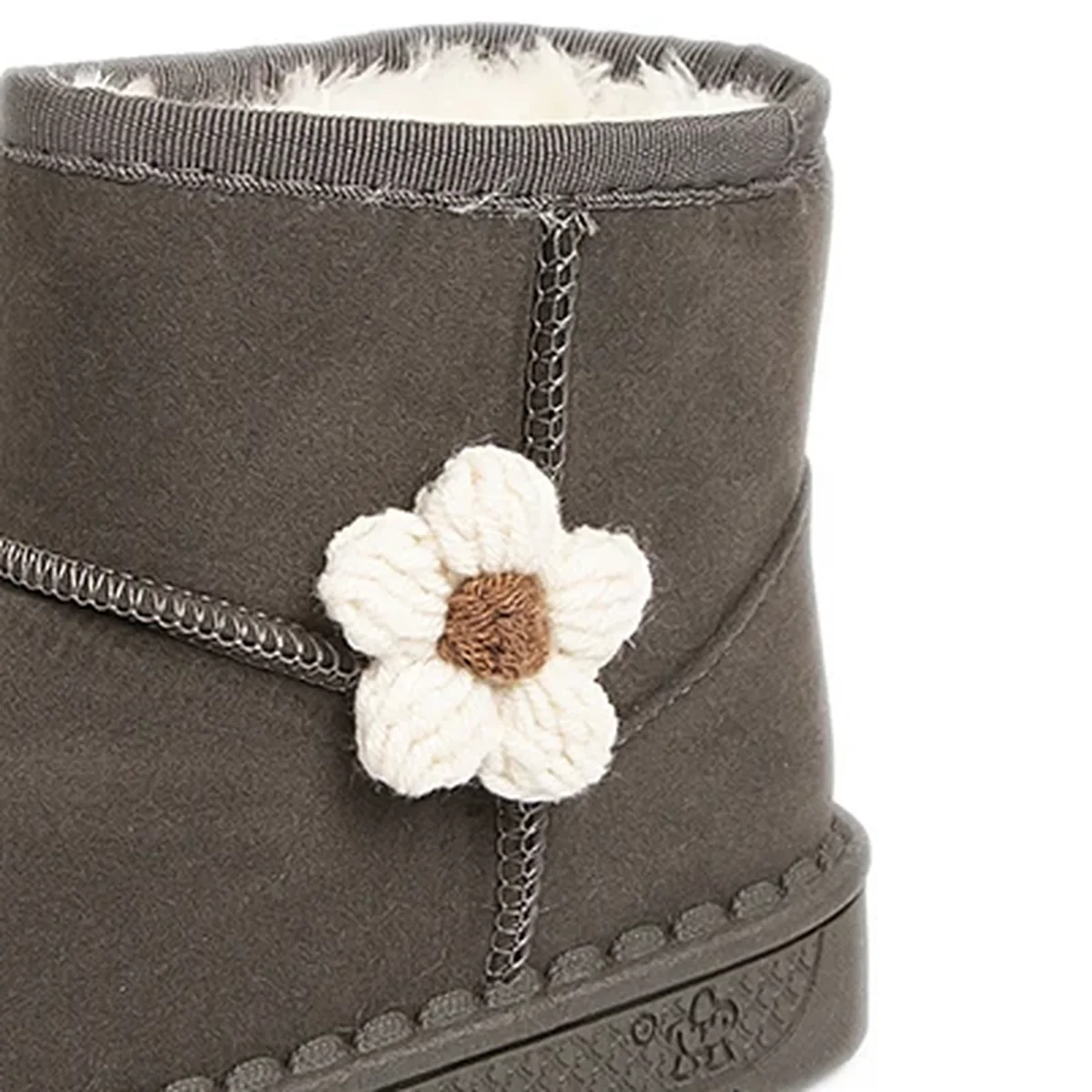 gros plan du haut des bottines fille grises fourrees a fleur