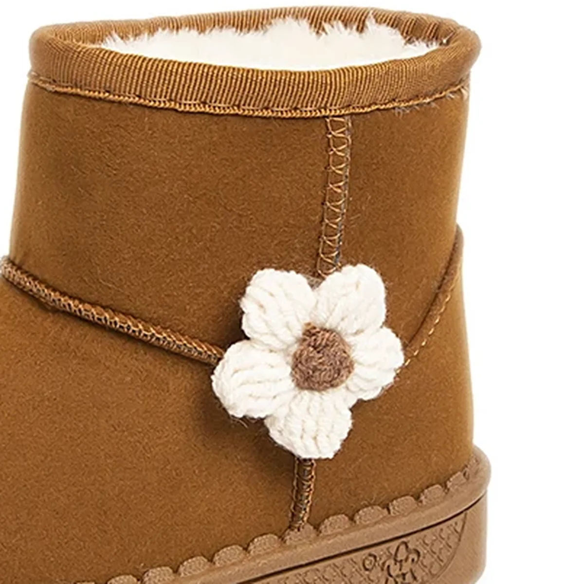gros plan du haut des bottines fille marron fourrees a fleur