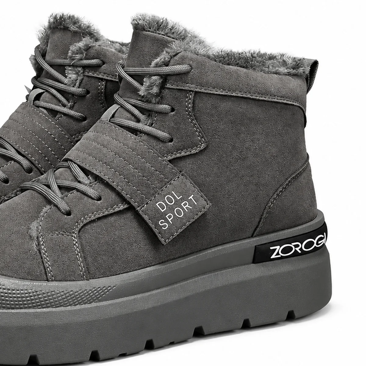 gros plan du haut des bottines homme grises fourrees a semelle epaisse