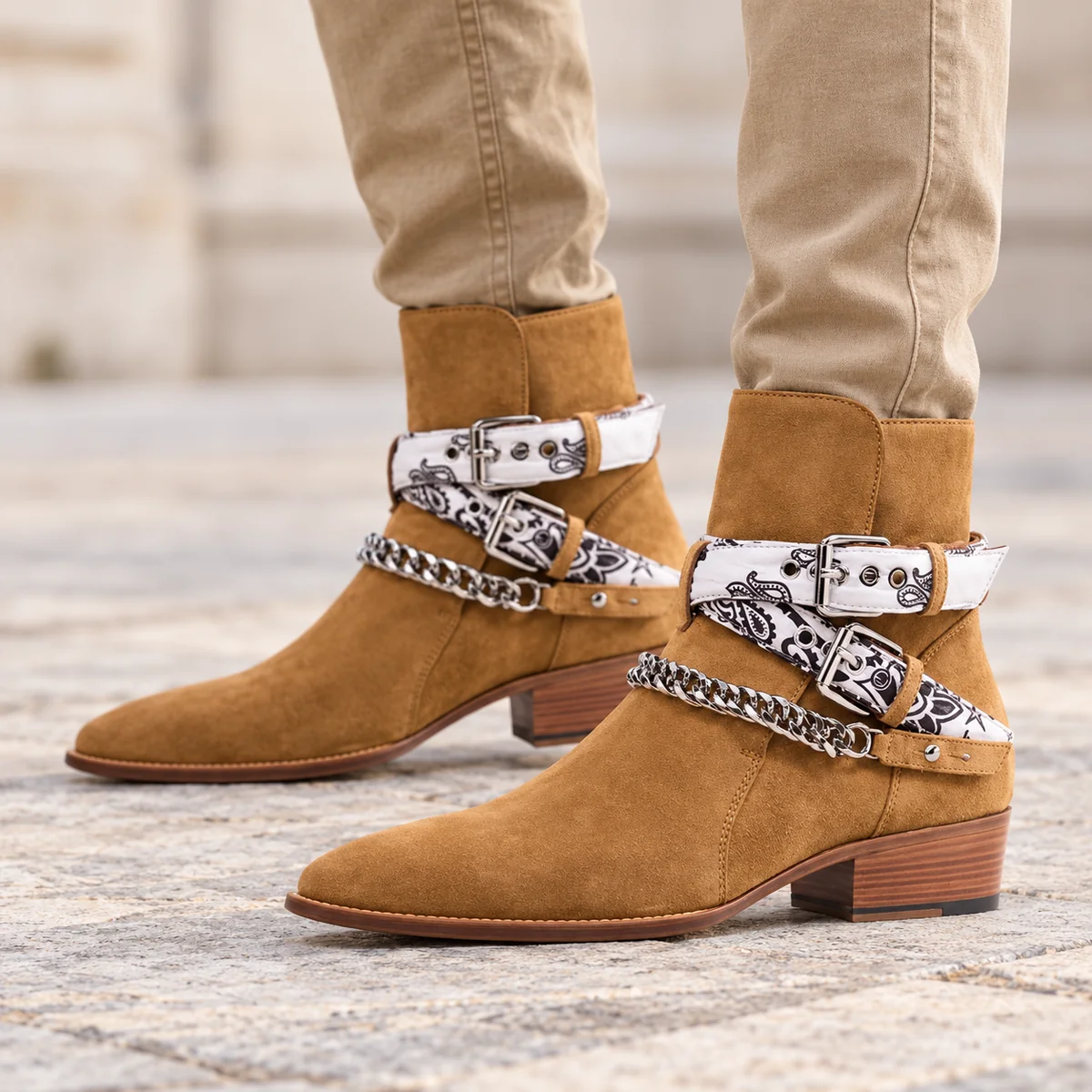 44159 17a bottines homme cafe a brides et chaine porte