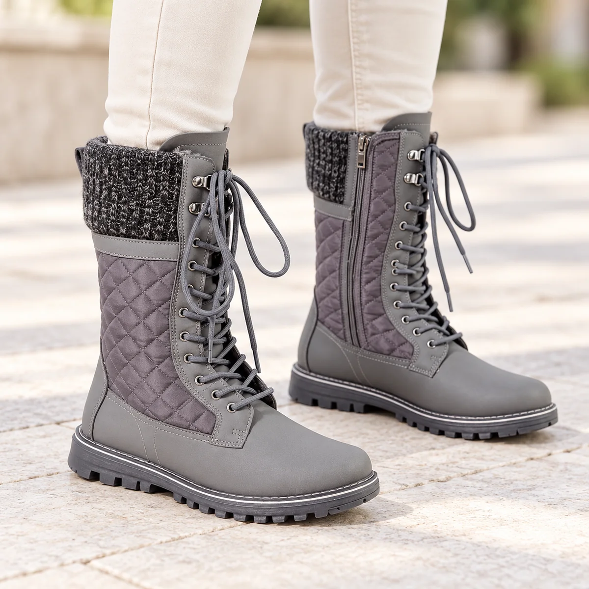 44178 17b bottes femme grises fourrees a lacets porte