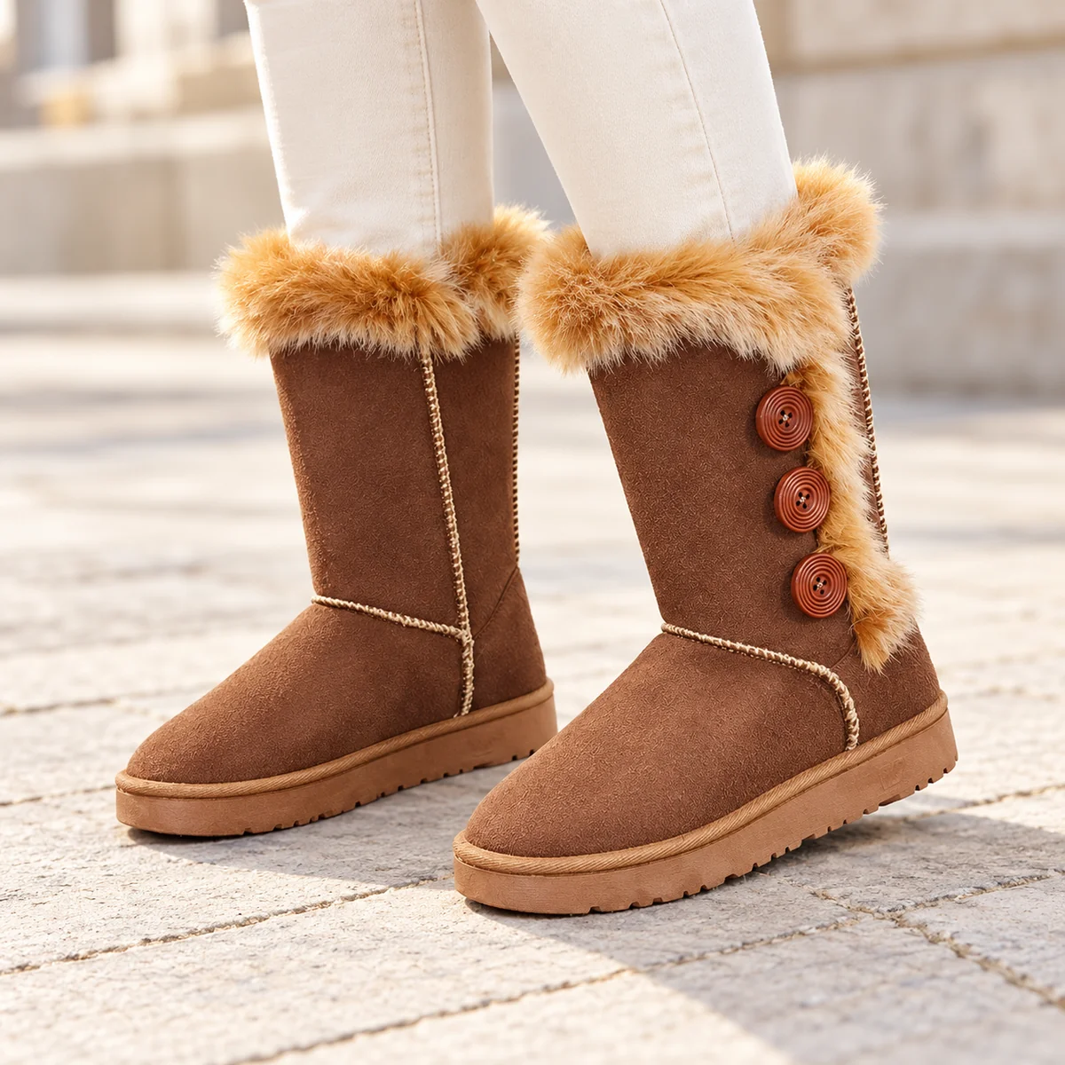 44185 17b bottes femme marron fourrees a boutons porte