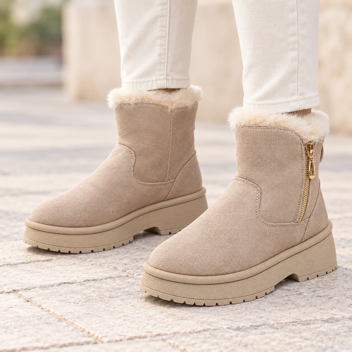 44198 17b bottines femme beiges fourrees en sued porte