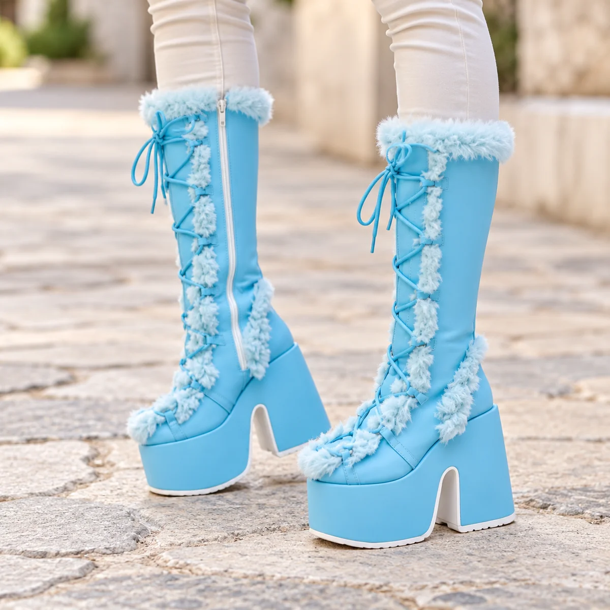 44201 16a bottes femme bleues a plateforme talon porte