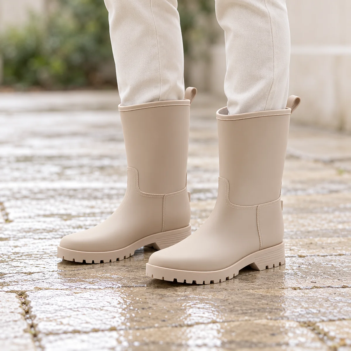 44329 15b bottes de pluie femme beiges mi mollet porte