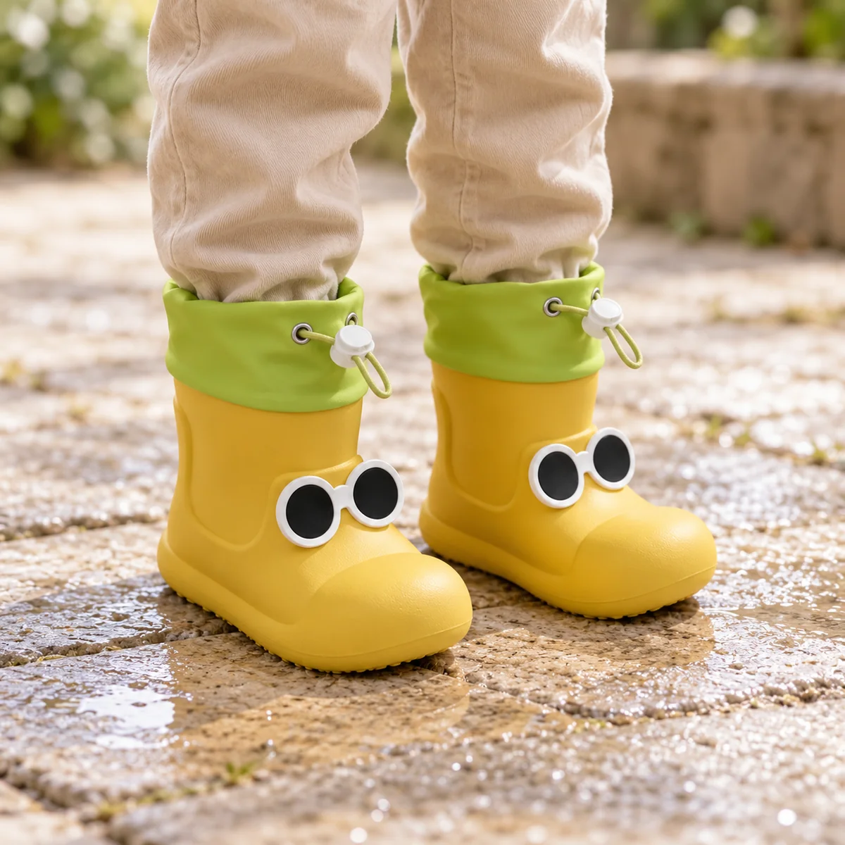 44358 14b bottes de pluie enfant jaunes a yeux e porte