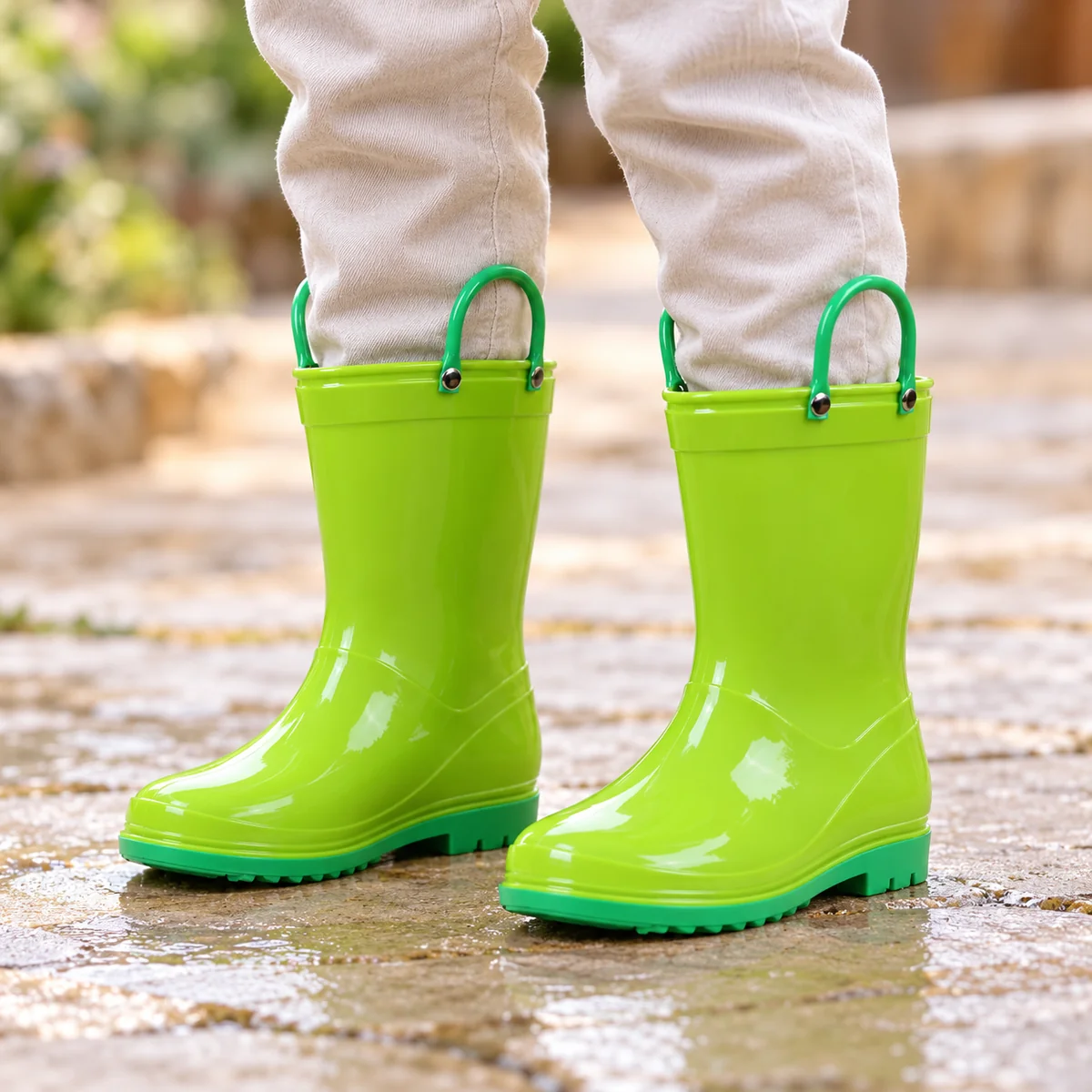 44363 14b bottes de pluie enfant vertes a anses porte