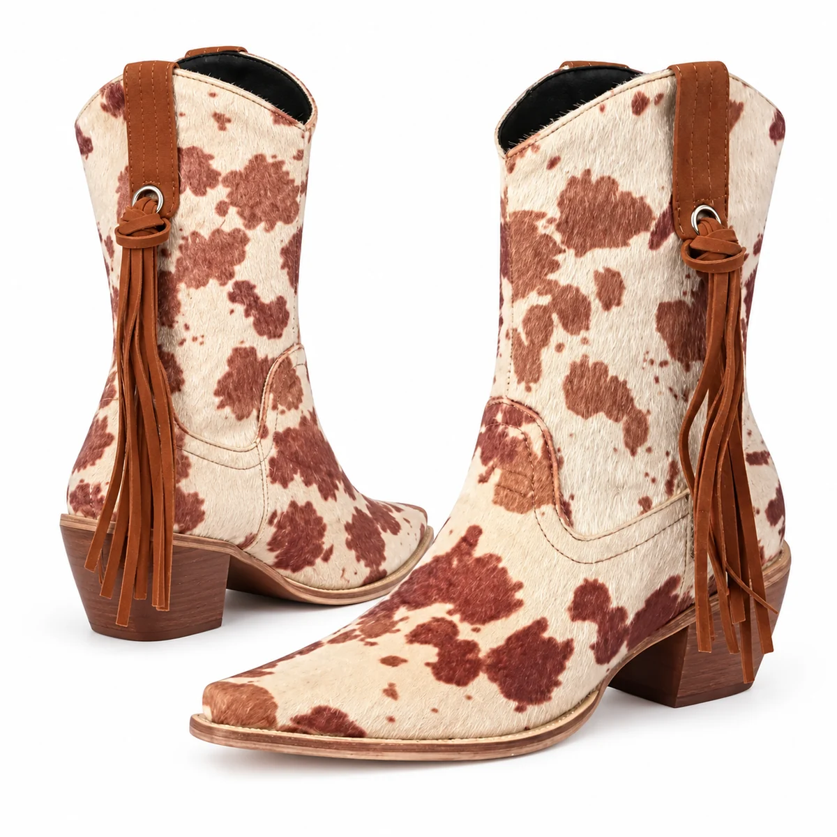 Chaussures cowboy femme avec motif vache et décoration en franges
