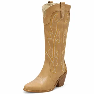 Bottes cowboy femmes beiges avec longues broderies élégantes