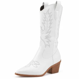 Bottes cowboy femme blanches à broderies grises