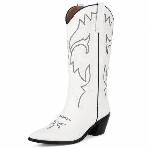 Bottes cowboy femme blanches avec broderies sombres élégantes