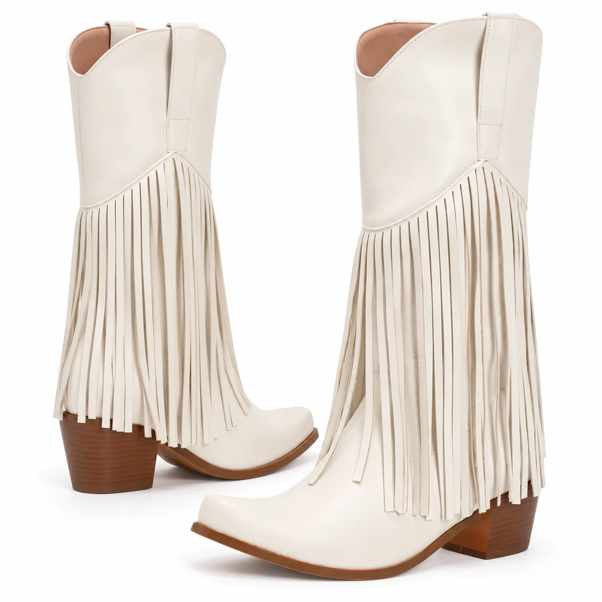 Chaussures cowboy blanches pour femme avec longues franges en cuir