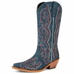 Bottes cowboy femme bleues avec volutes brodées et talon contrastant