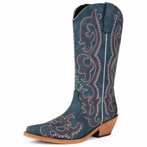 Bottes cowboy femme bleues avec volutes brodées et talon contrastant