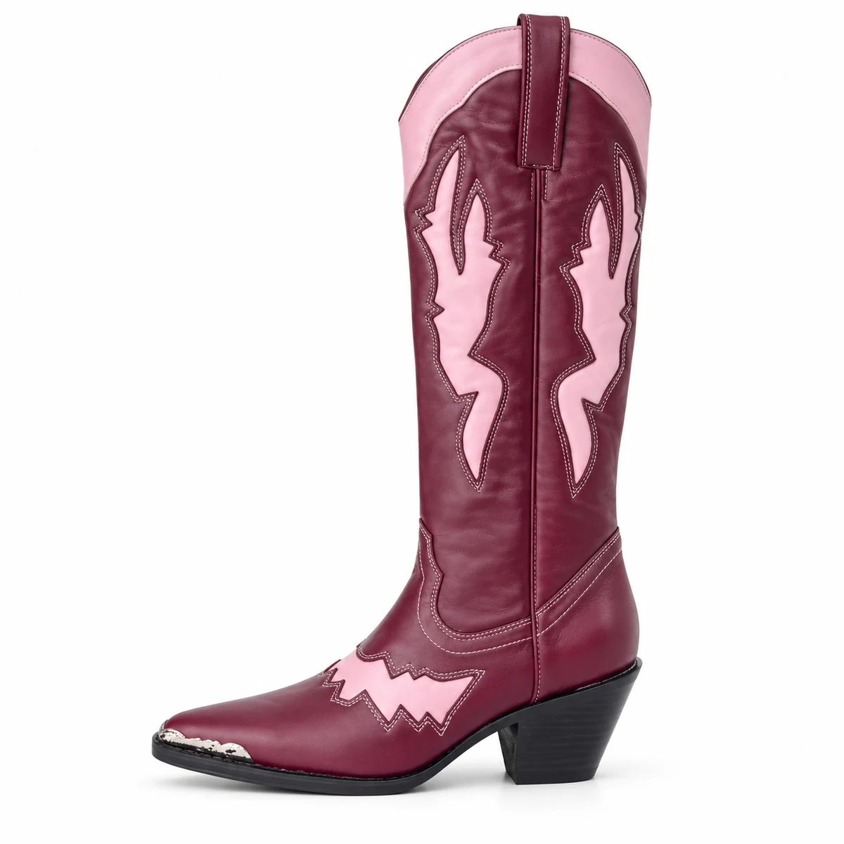 Bottes femmes cowboy colorées bordeaux avec design contrasté tendance
