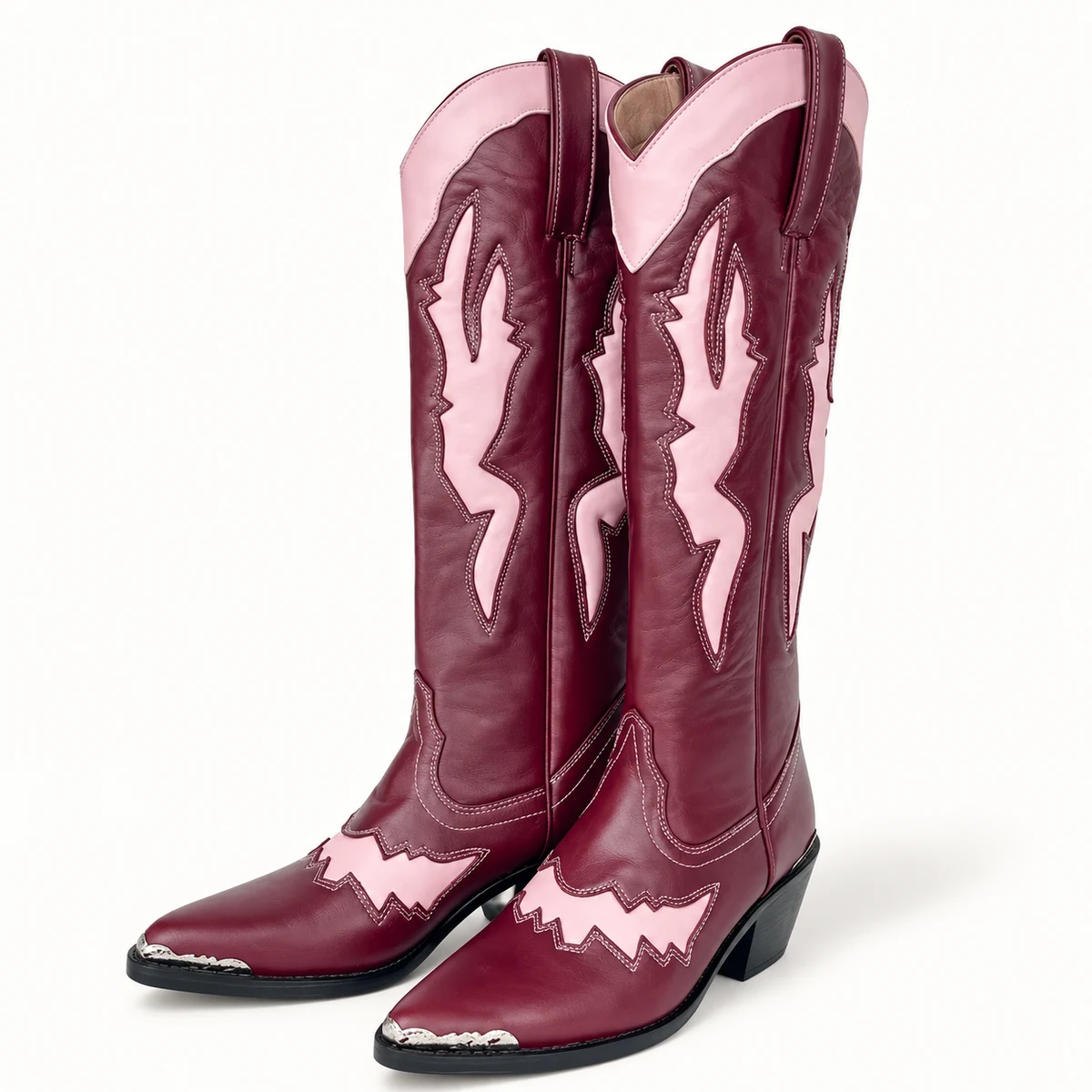 Bottes cowboy femme bordeaux avec motifs contrastés pour style western