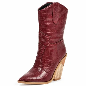 Bottes cowboy femme bordeaux effet croco à talon haut en cuir