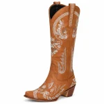 Bottes cowboy femme camel avec broderies florales claires élégantes
