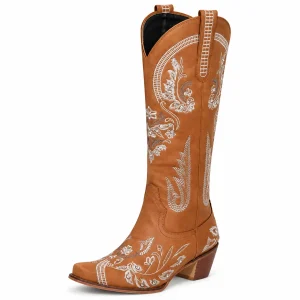 Bottes cowboy femme camel avec broderies florales claires élégantes