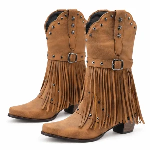 Bottes cowboy femme camel à longues franges et boucle vue de face