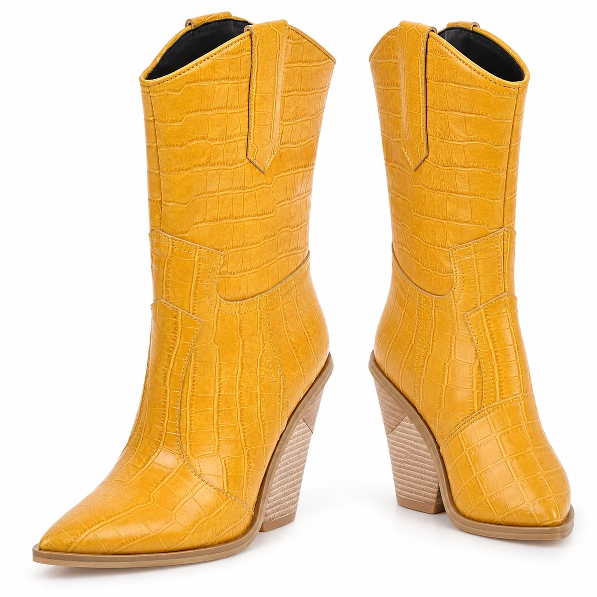 Chaussures cowboy pour femme jaunes à talon haut et finition croco élégante