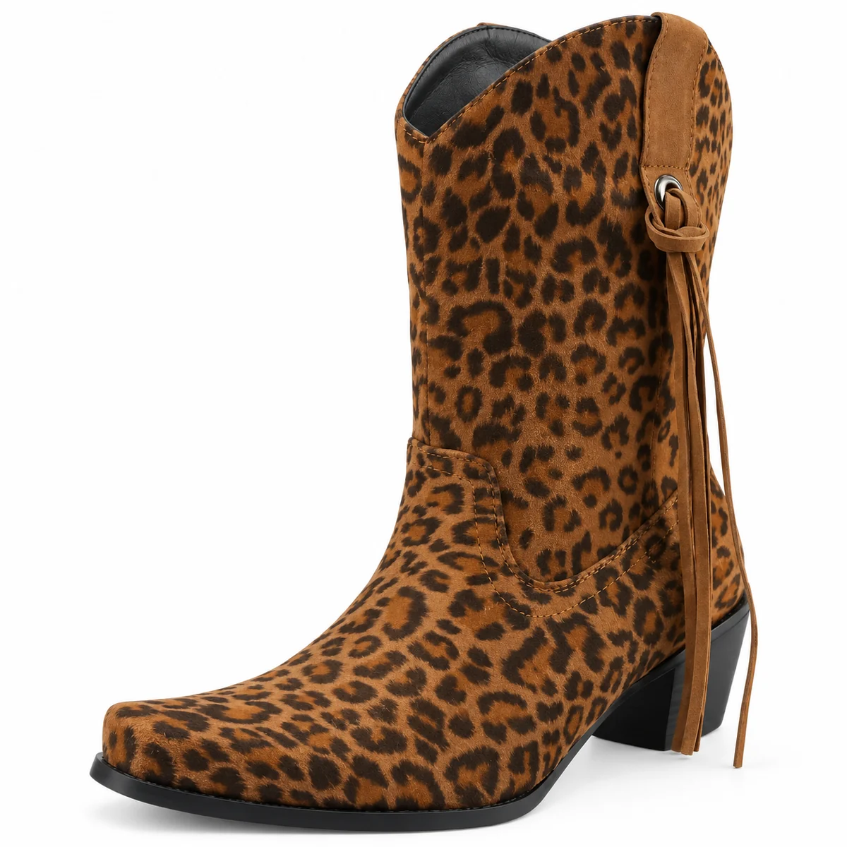 Bottes à talons elevés style cowboy avec motif léopard et franges latérales