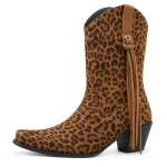Bottes cowboy femme léopard à franges latérales en cuir synthétique