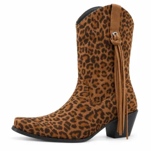 Bottes cowboy femme léopard à franges latérales en cuir synthétique