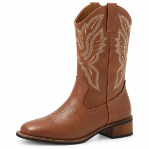 Bottes cowgirl femme marron avec broderies claires en cuir authentique